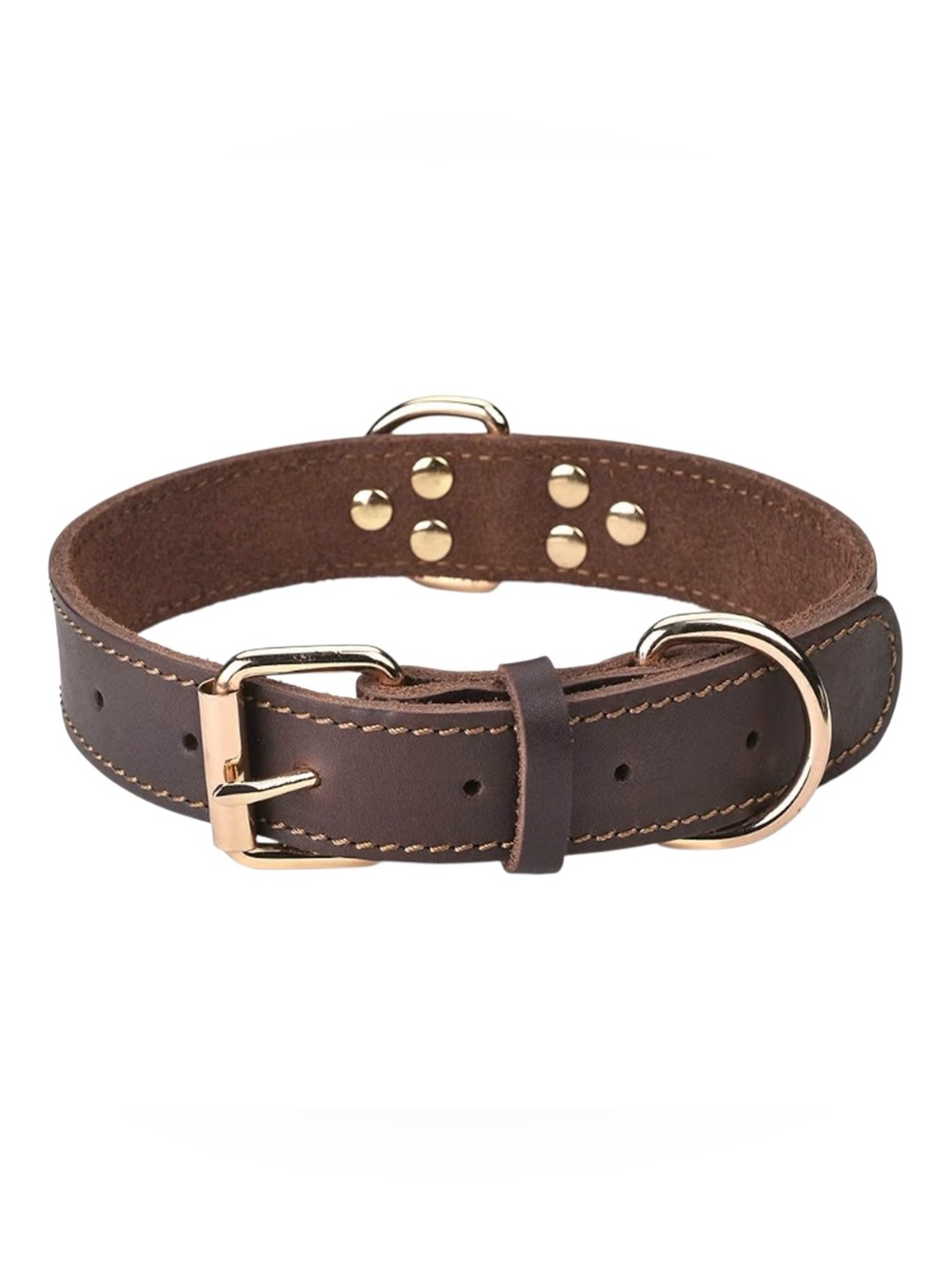 Heavy Duty Genuine Leather Dog Collar Rich Brown Padded Gold Buckle Size Large
